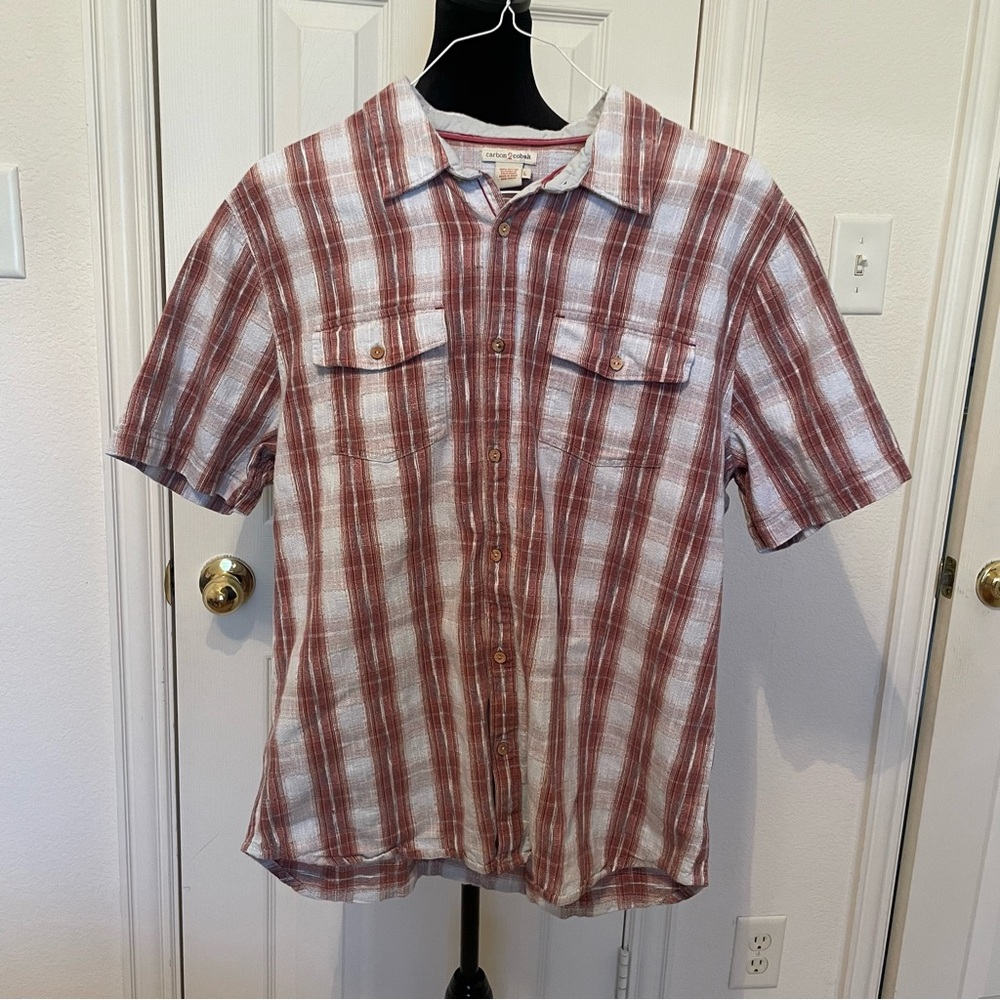 Men's Short-Sleeve Plaid Button-Down Shirt - White & Rust